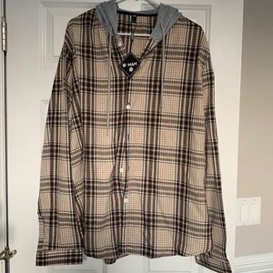 Men’s XXL forever young button down hooded shirt. Brown, beige, with gray hood.